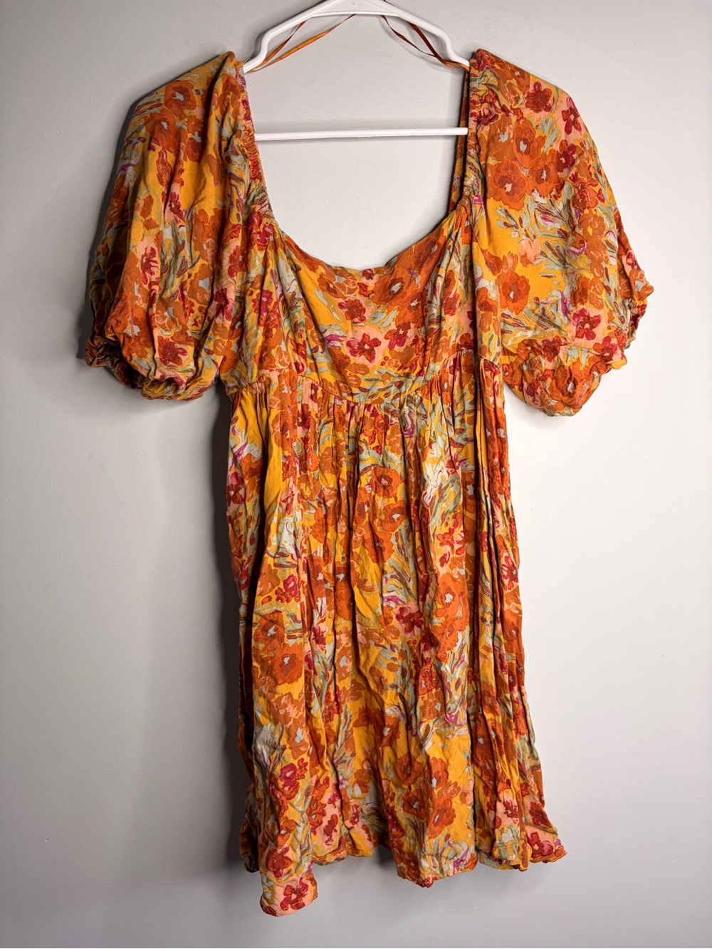 Vestique Babydoll Dress Floral Autumn Fall Colorful Puff-Sleeve Dress - Orange